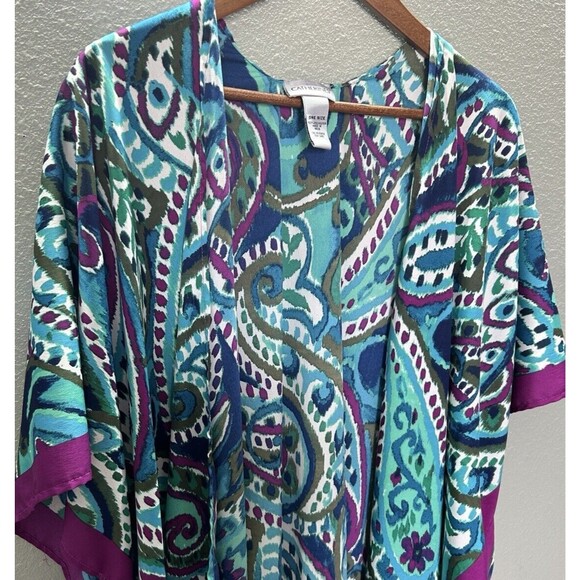 Catherines Kimono One Size Paisley Wrap Open Front Green Purple Cardigan - Picture 2 of 8